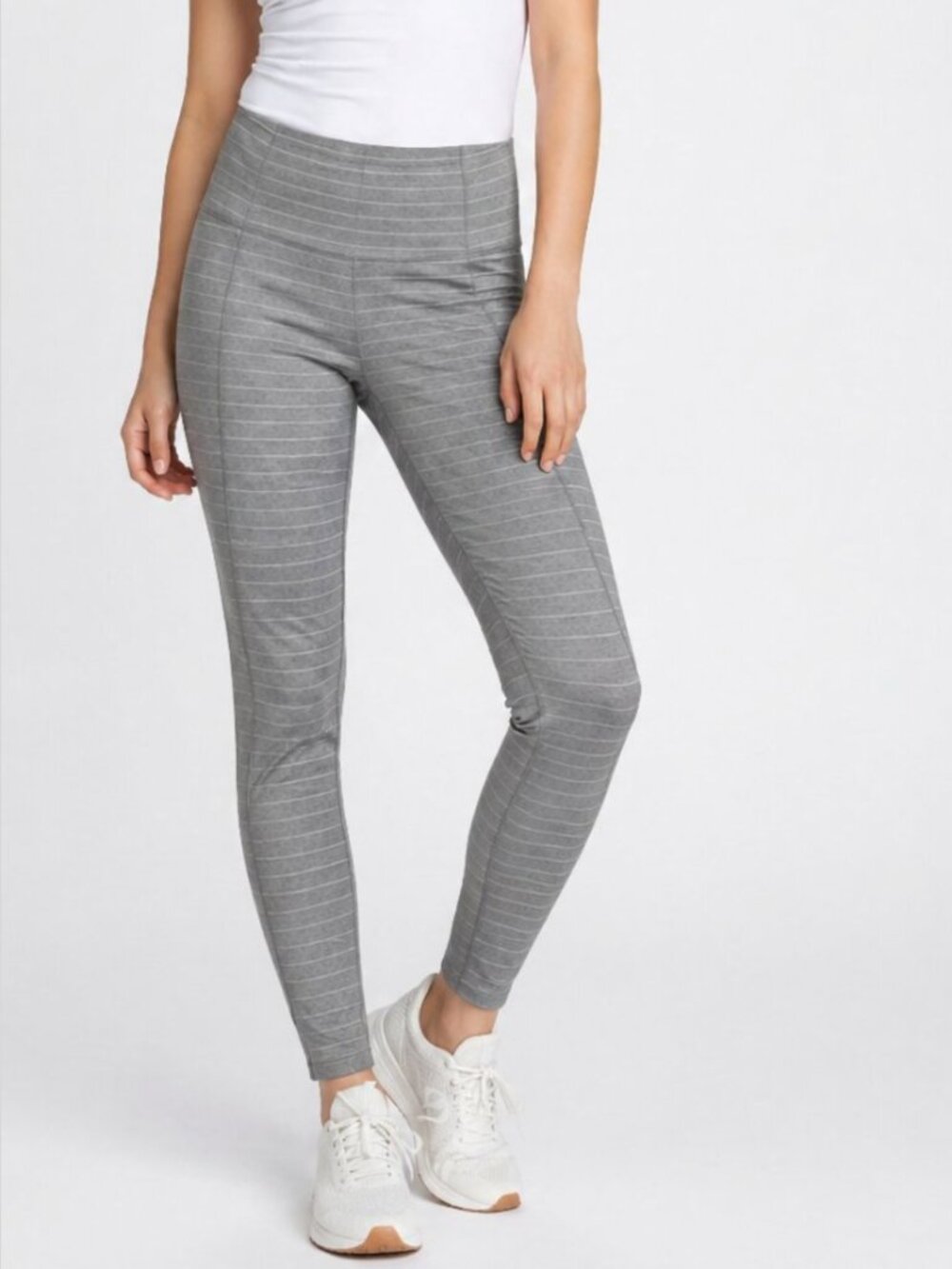 Athleta Salutation PowerVita Leggings Gray Stripe High Rise 7/8 Yoga Tights M
